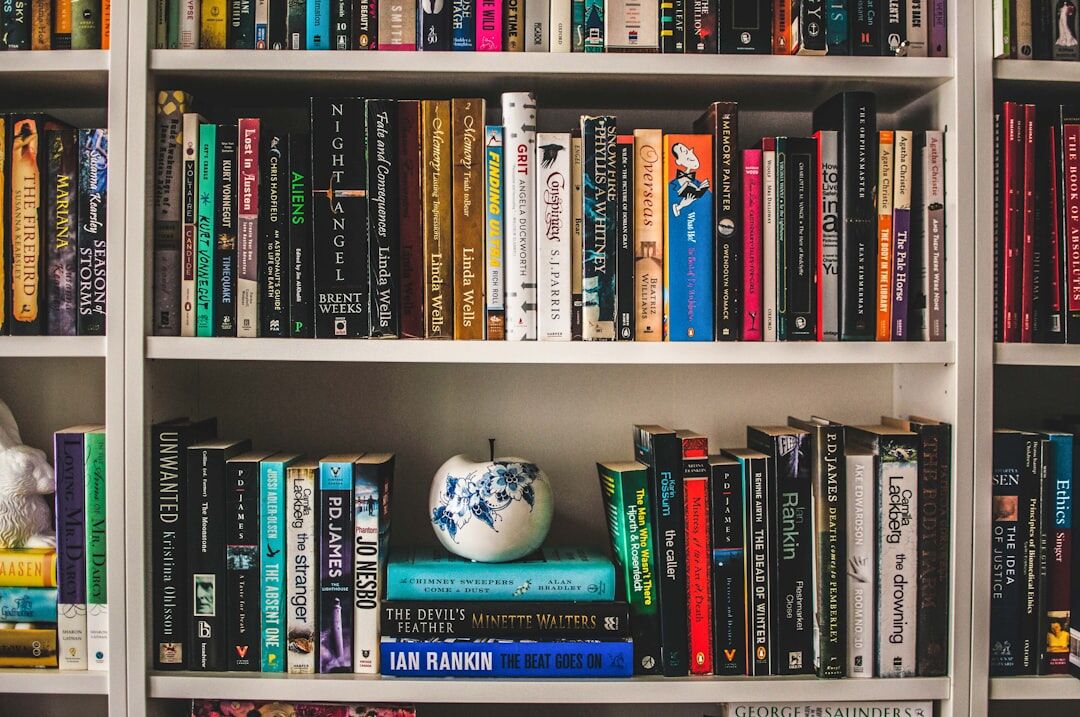 bookshelf with mystery novels