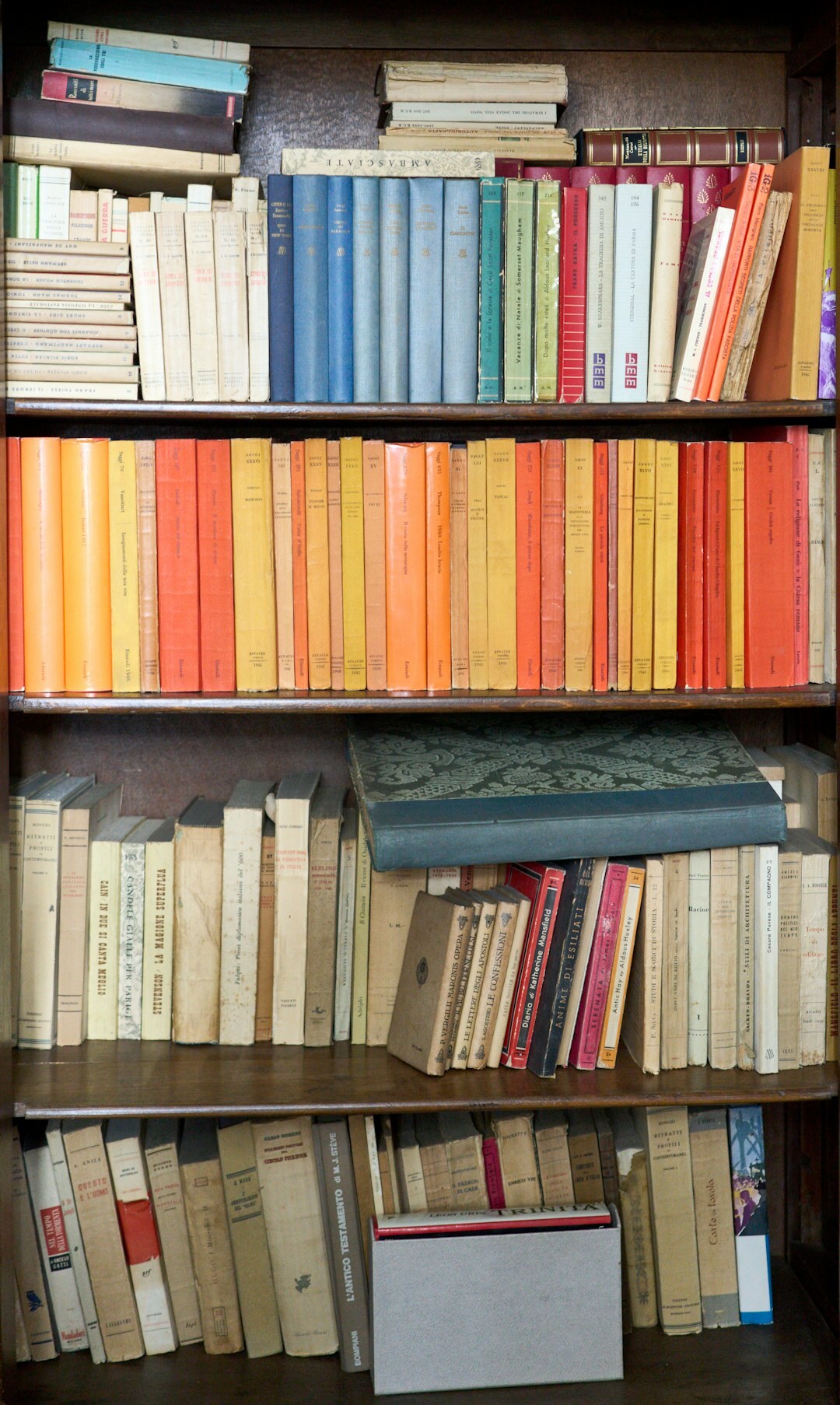 Tall old wooden library bookshelves filled with worn hardcover books